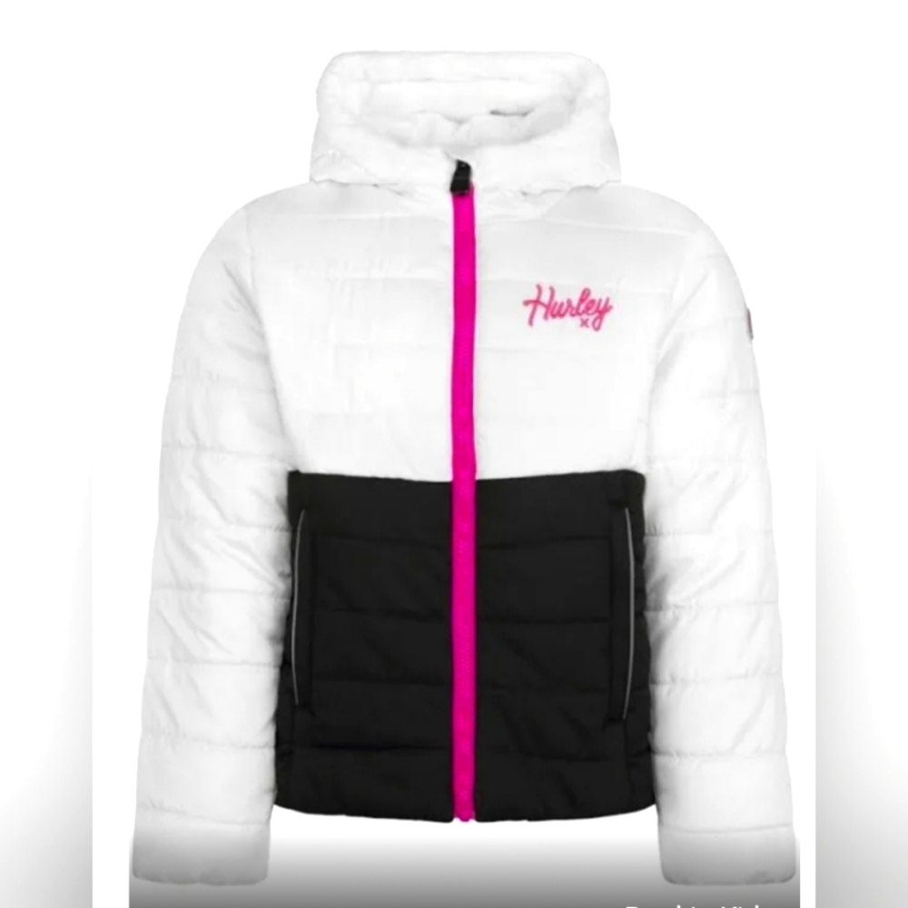 Hurley hooded puffer jacket fsux fur lined white black pink Barbie style